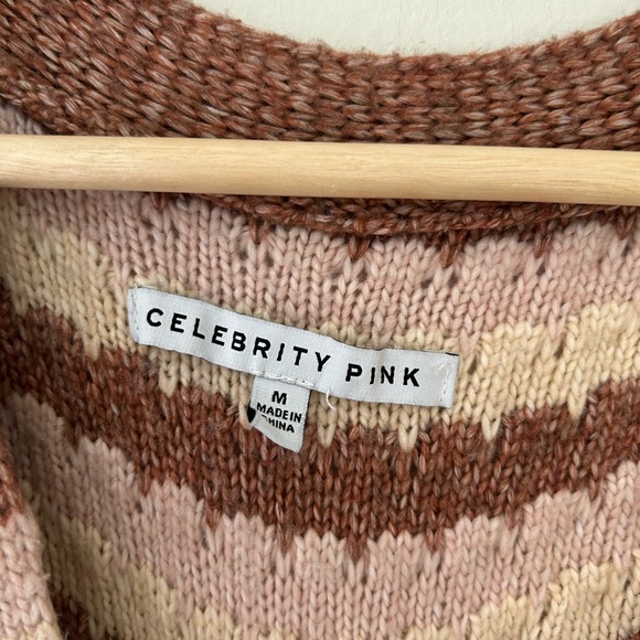 Celebrity Pink Medium Tan Striped Knit Button Up Cardigan Sweater - Picture 2 of 5
